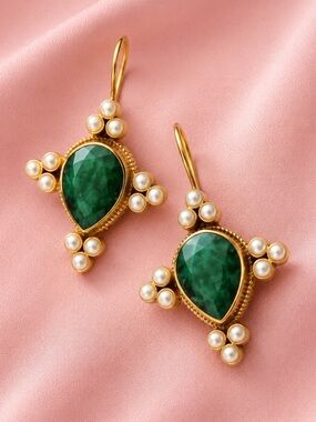 Gold Pearl Emerald Drop Earrings